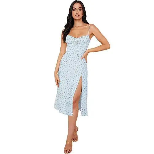 Produktbild: DAPERCI Sommerkleid Damen, Geblümte Hosenträger, Schlitzkleid zum Schnüren, blau, S,Fließendes Sommerkleid