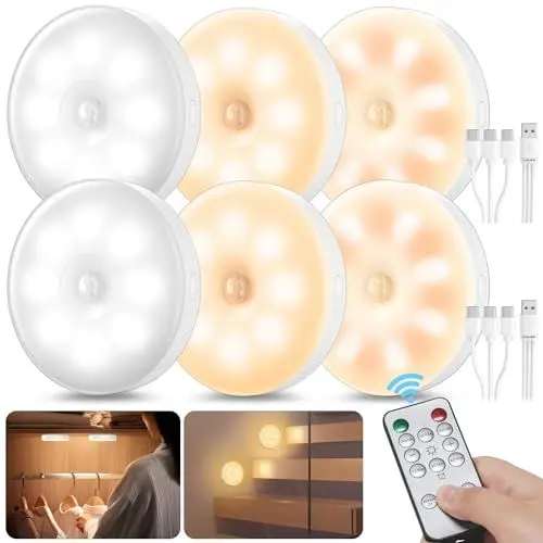 Produktbild: daphomeu Bewegungsmelder Innen mit Fernbedienung, 3 Farben 16 LEDs Schrankbeleuchtung, Wiederaufladbarkeit USB lampe, Kabelloses LED Nachtlicht für Flur, Treppenbeleuchtung, Kinderzimmer (6 Stück)