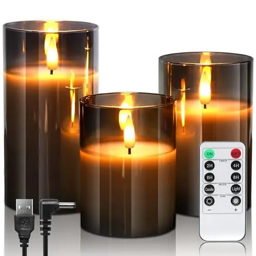 Produktbild: daphomeu Wiederaufladbar LED Kerzen mit Fernbedienung und Timer, Flackernde Elektrische LED Kerzen für Home Decoration Hochzeit Party Halloween Weihnachten 3D Emulation Kerzen, Grau Glas-3 Stück