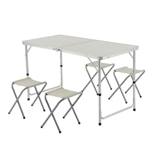 Produktbild: DARDVORLAG Klapptisch Set mit 4 Stühlen – Aluminium Camping Tisch und Stühle Set, Faltbarer Tisch mit höhenverstellbaren Beinen (Silber, 120X70X60cm)