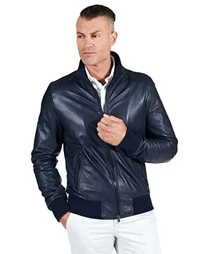 Produktbild: D'Arienzo Bomberjacke Lederjacke Herren Blaue Echtleder Made in Italy107 54/blau