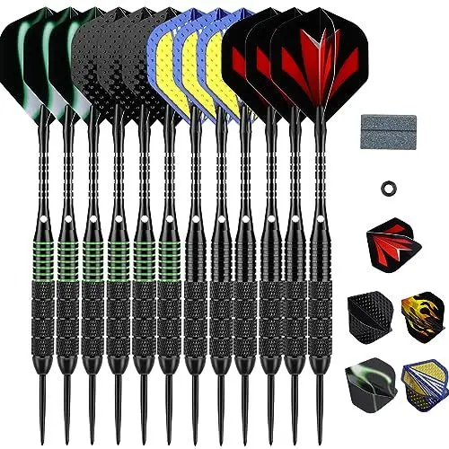 Produktbild: Dartpfeile mit Metallspitze, 12 Stück 22 Gramm 24 Gramm schwarz Dart Pfeile Steeldarts 12 Aluminium Schaft 30 Flights in 5 Pattern 50 Anti-Lose Gummiringe 1 Dart Sharpener