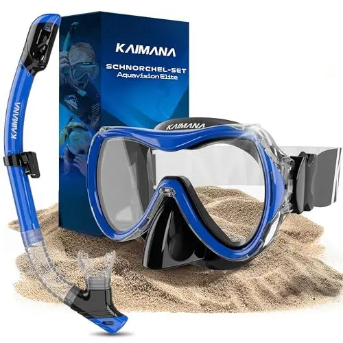 Produktbild: KAIMANA® Schnorchelset für Erwachsene aus gehärtetem Sicherheitsglas (Taucherbrille & trocken-Schnorchel), Bequeme Taucherbrille Erwachsene mit Silikon oder Stoffband inkl. Tragetasche