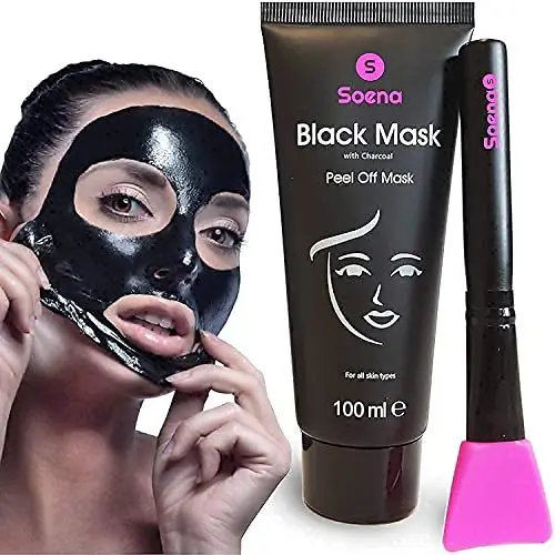 Produktbild: Das ORIGINAL - SOENA® Black Mask + MASKENPINSEL | XXL Tube 100 ml | Entfernt Mitesser – Peel-Off Maske - Gegen unreine Haut | Mit Aktivkohle | Schwarze Maske zum abziehen - Blackhead Maske