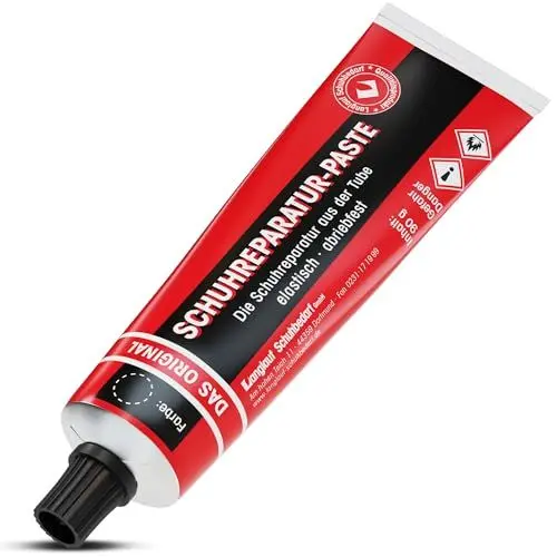 Produktbild: Das günstige Doppelpack Schuh Reparaturpaste 2 x 90g für Stiefel, Schuhe und Sohlenreparatur I Schuhreparatur Set I Schuhreparaturpaste, Absatz Reparatur Set, Schuhsohle Reparaturpaste (schwarzbraun)