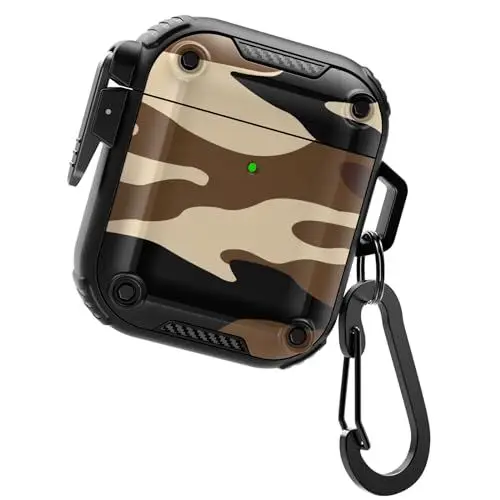 Produktbild: DASFOND Hülle Schutzhülle und Haut Case für Airpods 2 & 1, (Front-LED Sichtbar) (Kabelloses Laden) militärische Hartschalen-Schutzhülle mit Schloss für Airpods 2 & 1, Wüsten-Tarnung