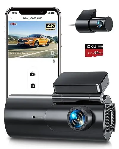 Produktbild: GKU Dashcam Auto Vorne Hinten 4K+1080P, 5GHz WiFi Dash Cam mit 64GB SD Karte, Auto Kamera mit Parküberwachung, Super Nachtsicht, WDR, 170° Weitwinkel, G-Sensor, Loop-Aufnahme, APP Steuerung, Max 256GB