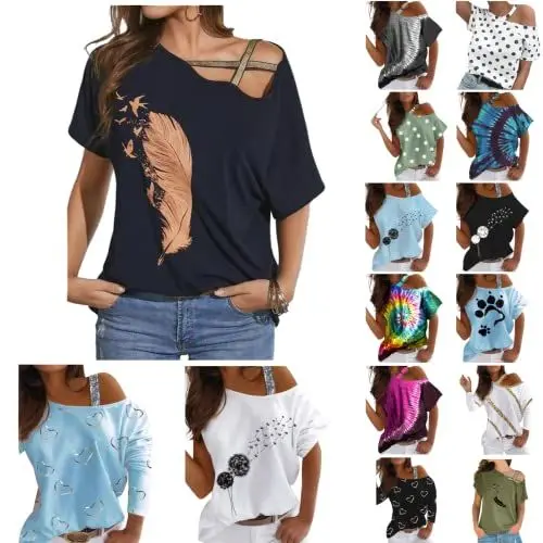 Produktbild: Dasongff Oberteile Frauen Bluse Sommer T-Shirt Damen Elegantes Off-Shoulder Top Bequem Kurzarm Shirt Freizeit Feder Print Tees Damenbluse Sweatshirts Hemd Tunika Sommertop Blusentops