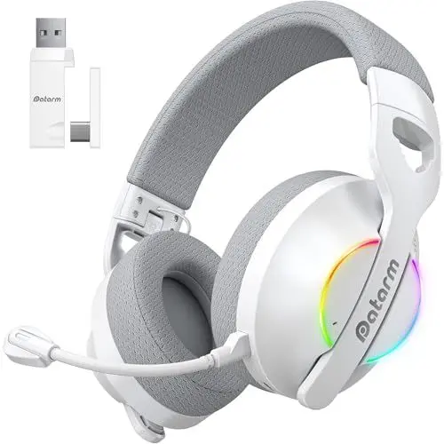 Produktbild: Datarm DH30 Wireless Gaming Headset für Ps4, Ps5, Switch, Mac, PC, 2.4GHz Verlustfreies Audio Bluetooth Gaming Kopfhörer, Faltbares Headset Mit Noise Cancelling Mikrofon, RGB Licht - Weiß