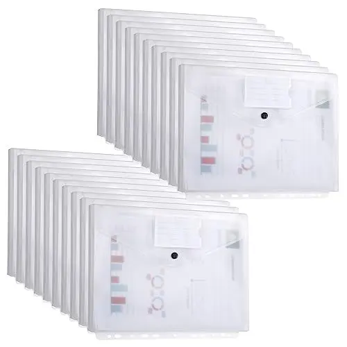 Produktbild: DATEFUN Dokumententasche A4 20 Pack, Dreidimensionale Dokumentenmappe A4, Transparent Sammelmappe A4 mit Binderlöcher und Etikettentasche, Hält 300 Papiere (Weiß)