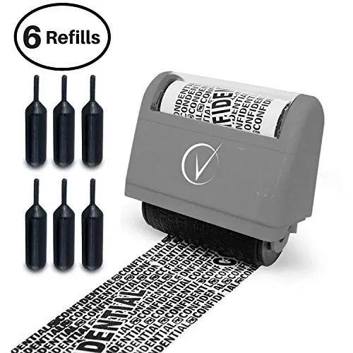 Produktbild: Datenschutz Rollstempel - Identitätsdiebstahlschutz-Rollenstempel - Rollstempel Datenschutz und Camouflage für Vertrauliche ID - 6 Nachfüllungen + Gratis E-Book - Blackout Sicherheit - Klassisch Grau
