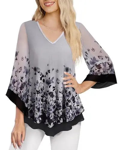 Produktbild: Datuhao Damen Bluse Elegant Festlich Weiß 3/4 Arm Damenblusen Langarm Festlich Damenmode Frühling Sommer 2024 Blusenshirt Damen V-Ausschnitt Locker Feierliches Outfit Tuniken Lang