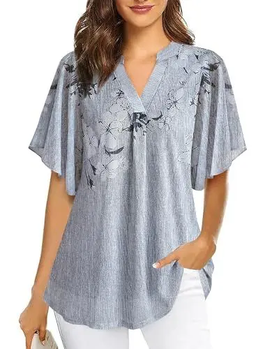 Produktbild: Datuhao Damenbluse Kurzarm Sommer Elegant Bluse Tunika Große Größen Festlich Sommer Outfits Damen Elegant Kleidung Bluse für Den Abend Sommerbluse Damen Lang Luftig Kurzarmtunika Grau Blumen