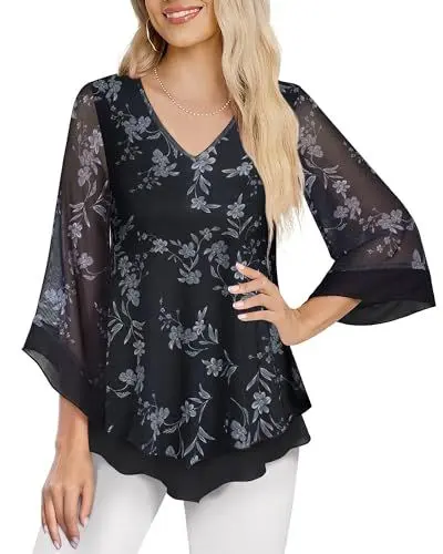 Produktbild: Datuhao Damenblusen 3/4 Arm Schwarz Elegante Tunika Damen Festlich Bluse A-Linie Tunika Verspielte Ausgefallene Blusen Damen Frühling Locker Damenoberteile Modern Leger Bluse Weite Ärmel Oberteil