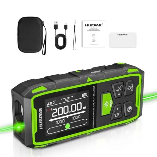 Produktbild: Dual Laser Entfernungsmesser, Huepar 200M Grün Laser Messgerät Entfernungsmesser mit Laser, hintergrundbeleuchtetem LCD, Messung von Entfernung, Fläche und Volumen und pythagoreischem Modus