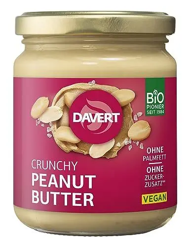 Produktbild: Davert Crunchy Peanutbutter 250g – Feinstes Erdnussmus mit einer Prise Steinsalz und crunchigen Erdnusstücken – 100% Davert Bio-Qualität (1 x 250g)
