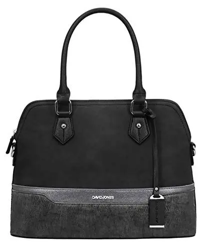 Produktbild: David Jones - Damen Handtasche Elegante Tasche - Frau Henkeltasche Shopper PU Leder - Mehfarbig Schultertasche Bowling Stil Top Griff Gestreift - Umhängetasche Tote Stilvoll Mode - Schwarz