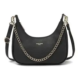 Produktbild: David Jones - Damen Kleine Umhängetasche - Frau Kette Schultertasche PU Leder - Handtasche Kettenhenkel Crossbody Bag - Trendy Tasche Mode Abendtasche Kettentasche Pochette Clutch Party - Schwarz