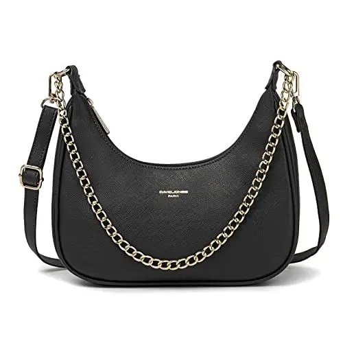 Produktbild: David Jones - Damen Kleine Umhängetasche - Frau Kette Schultertasche PU Leder - Handtasche Kettenhenkel Crossbody Bag - Trendy Tasche Mode Abendtasche Kettentasche Pochette Clutch Party - Schwarz