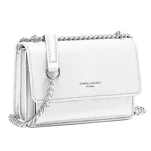 Produktbild: David Jones - Damen Kleine Umhängetasche - Frau Ketten Schultertasche PU Leder - Handtasche Mini Crossbody Bag mit Klappe - Handy Party Tasche Kettentasche Abendtasche Mode Trend - Weiß