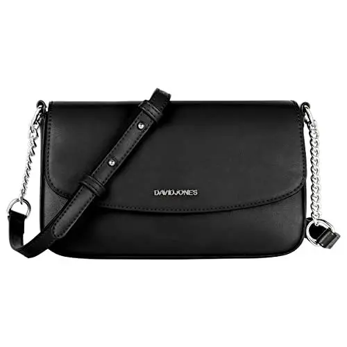 Produktbild: David Jones - Kleine Umhängetasche Damen - Crossbody Bag PU Leder - Frau Kette Schultertasche Rechteckige Tasche - Abendtasche Handy Handtasche Clutch Kettentasche - Elegant Reise Party - Schwarz