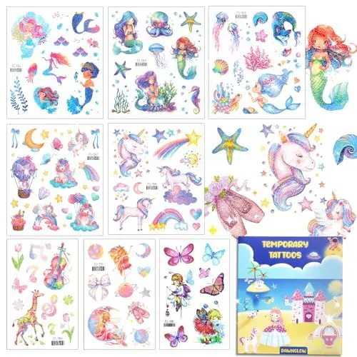 Produktbild: Dawnglow Kinder Tattoos- 8 Blätter Einhorn, Meerjungfrau & Schmetterlingsfee |Wasserdichte Glitzer-Tattoos CE/EN71-zertifiziert |Für Mädchen 3-12 Jahre | Geburtstagsparty