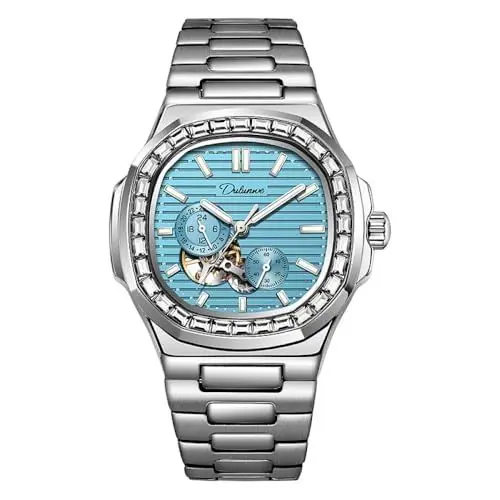 Produktbild: DAXIAOYU Zirkonia Diamanten Lünette Herren Casual Himmelblau Armbanduhren Skelett Automatische Mechanische Sportuhr Multifunktionale Wasserdichte Luxusuhr, Schwarz , Modern