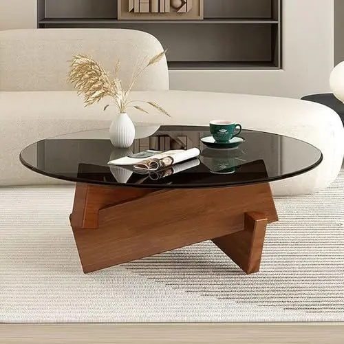 Produktbild: DAXUESEH Runder Couchtisch aus Gehärtetem Glas Massivholz, Modern Mitte Jahrhunderts Runder Klarem Glas Couchtisch, Akzenttisch Mitteltisch, Minimalistisch Beistelltisch Wohnzimmer Schlafzimmer Büro