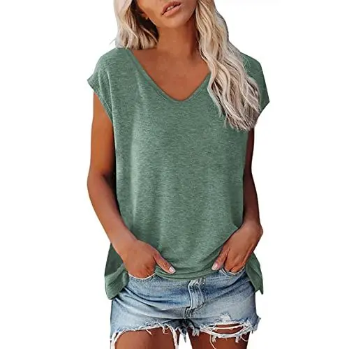 Produktbild: QIUhhpuy Damen Sommer Bluse Elegant Kurzarm ärmellose T-Shirt Tops Shirts Oberteile Frauen Kleißtung Top Damen V-Ausschnitte Tshirt Casual Rundhals Teenager Mädchen