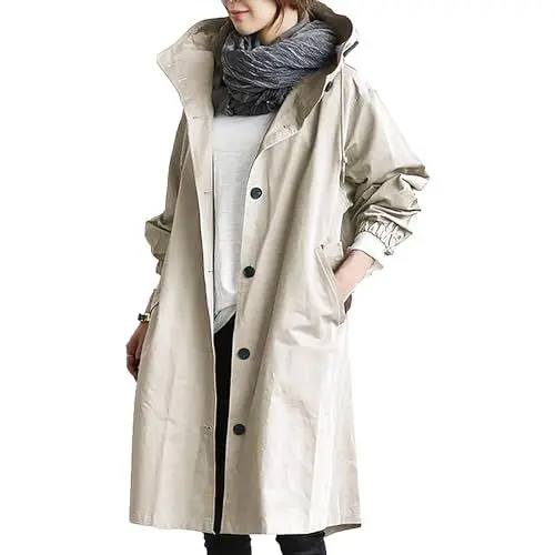 Produktbild: DayaEmmoTQ Damen Windbreaker Mantel Zweireiher - Kordelzug Kapuze Langarm Jacke Winddicht Leichtes Revers Lässige Mantel