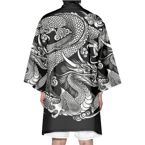 Produktbild: DAYKET Japanische Kimono-Strickjacke für Herren – Chinesischer Stil, Drachen-bedruckter Morgenmantel, Japanische Roben-Strickjacke – Sommer,Black-6XL