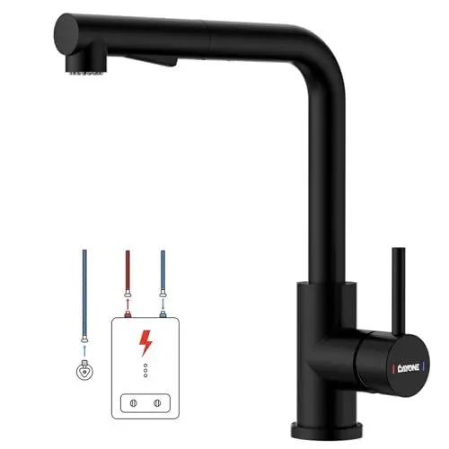 Produktbild: DAYONE Schwarz Niederdruck Wasserhahn Küche, Niederdruck Armatur Küche Ausziehbar 3 Anschlüsse, 2 Strahlarten 360° Drehbar Spültischarmatur L-Förm, Niederdruck Mischbatterie Küche für Boiler