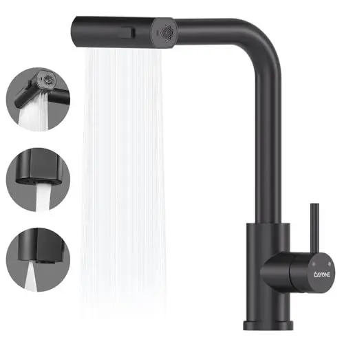 Produktbild: DAYONE Wasserfall Wasserhahn Küche Ausziehbar, Mattschwarz Hochdruck Spültischarmatur Küche mit Brause, 360° Drehbar Mischbatterie Küche mit 3 Strahlarten, SUS304 Edelstahl Küchenarmatur