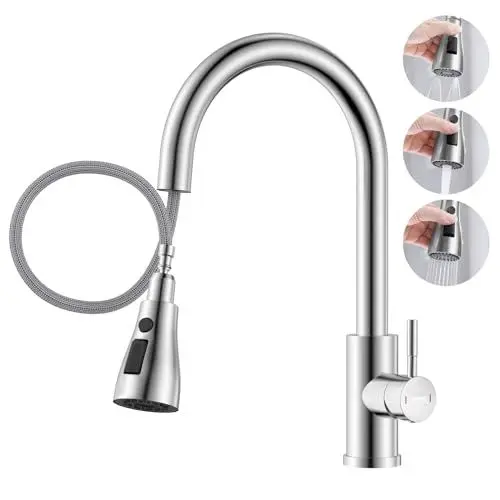 Produktbild: DAYONE Wasserhahn Küche, Hochdruck Küchenarmatur mit Ausziehbrause, SUS304 Edelstahl Mischbatterie Küche mit 3 Strahlarten, 360° Drehbar Spültischarmatur, EU G3/8 Armatur Küche, Gebürstet
