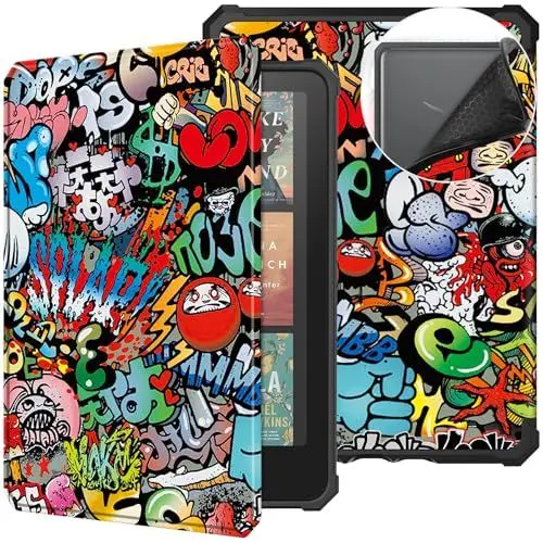 Produktbild: DayQiQiPu Schutzhülle für Kindle Paperwhite Signature Edition (7 Zoll, 12th Gen, 2024 Freigegeben) Schlankes PU Leder für eReader Etui mit Auto Schlaf/Aufwach Fallfestes Gehäuse,Graffiti Muster
