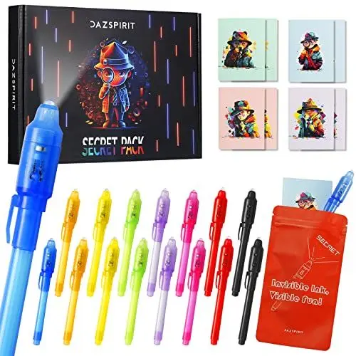 Produktbild: DazSpirit 16 Stück Geheimstift und Notizbuch-Set – Detektiv-Thema Geschenktüten, Zauberstifte mit UV-Licht Partytütenfüller für Jungen und Mädchen, Unsichtbarer Stift Spy Pen zum Mitgebsel Kinder