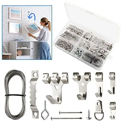 Produktbild: DazSpirit 250 Stück Silber Bild aufhänger, Bilderhaken Bildaufhänger Set mit D Ringe, Augen Schraubösen, Zackenaufhänger, Stahl Haken & Nägel für Haus Büro Foto Bild Malerei Hängen, Bilderbefestigung