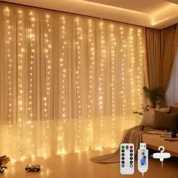 Produktbild: DazSpirit 3Mx3M 300 LED Lichtervorhang, USB Lichterkette vorhang innen mit 8 Lichtmodi Fernbedienung und Timersteuerung, Wasserdicht für Hochzeit Weihnachten Schlafzimmer (warmweiß)