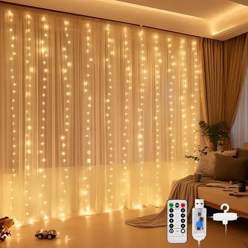 Produktbild: DazSpirit 3Mx3M 300 LED Lichtervorhang, USB Lichterkette vorhang innen mit 8 Lichtmodi Fernbedienung und Timersteuerung, Wasserdicht für Hochzeit Weihnachten Schlafzimmer (warmweiß)