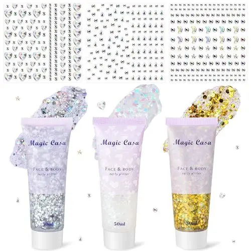 Produktbild: DazSpirit 3 Stück Body Glitter Gel mit 3 Blätter Glitzersteine Selbstklebend, Glitter Sequins Chunky Glitzer Liquid Gel mit DIY Strasssteine für Gesicht, Glitzer Festival Schminke für Festival Party