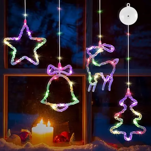 Produktbild: DazSpirit 4 Stück Weihnachtsbeleuchtung Fenster, 13 LEDs Fensterbeleuchtung Weihnachten mit Saugnäpfe, 8 Modi und Auto Timer, Batteriebetriebenes LED Weihnachtsdeko für Fenster, Balkon, Party (Bunt)
