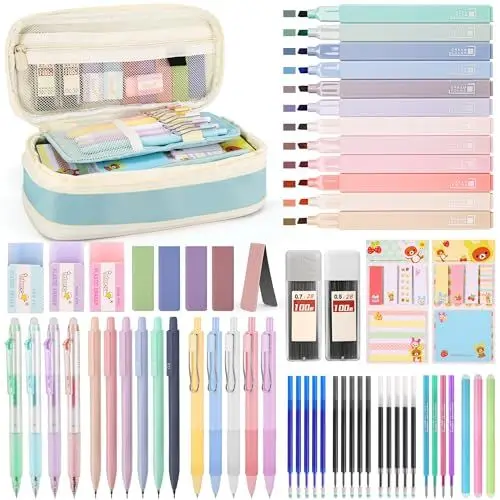 Produktbild: DazSpirit 62 Stück Schreibwaren Set mit Faltbares Federmäppchen, 12 Textmarker, 4 Radierbare Stifte, 5 Gelstifte, 6 Druckbleistifte, Notizzettel – Schulbedarf für Mädchen, Teenager, Schüler (Blau)