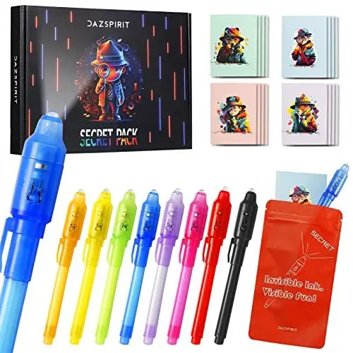 Produktbild: DazSpirit 8 Stück Geheimstift und Notizbuch-Set – Detektiv-Thema Geschenktüten, Zauberstifte mit UV-Licht Partytütenfüller für Jungen und Mädchen, Unsichtbarer Stift Spy Pen zum Mitgebsel Kinder