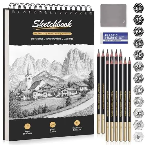 Produktbild: DazSpirit A4 Skizzenbuch, Hardcover Zeichenblock mit 200g/m² dickem Papier, 12 Skizzenstifte & Radiergummis, Spiralbindung, 50 Blätter/100 Seiten Skizzenblock – Ideal für Bleistift, Kohle, Pastell