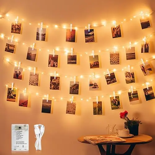 Produktbild: DazSpirit LED Foto Lichterkette für Fotowand Zimmer Deko, USB und Akkubetrieb, 100 LEDs, 10 M 50 LED Fotoclips Lichterkette für Wohnzimmerdekoration, Weihnachten, Party, Weihnachtsfeiern