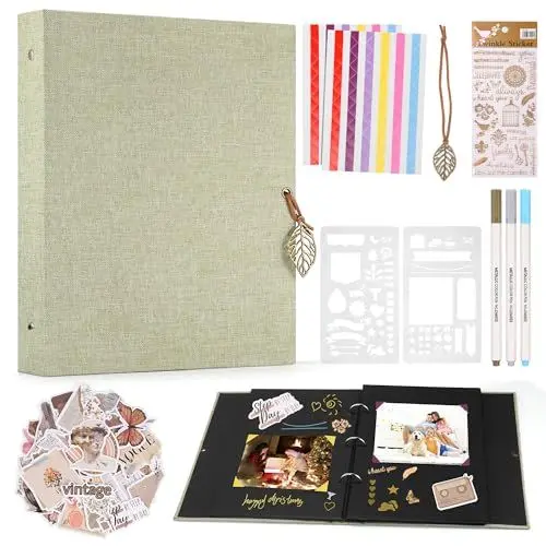 Produktbild: DazSpirit Leinen Fotoalbum,Fotoalbum Zum Selbstgestalten Mit 60 Seiten Schwarze Scrapbook, Inkl.3 Metallic Farbmarker, 2 Malschablonen, Verschiedene Aufkleber, Scrapbook Für Hochzeit Familie (Grün)