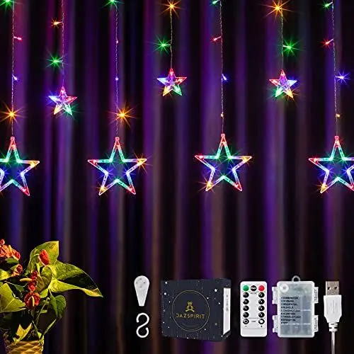 Produktbild: DazSpirit Lichtervorhang Weihnachten Sterne 3,5m, 138 LEDs mit 12 Sterne, Fernbedienung und 20 Haken, Weihnachtsbeleuchtung Innen Fenster, USB oder Batteriebetrieben, 8 Modi, Wasserdicht (Bunt)