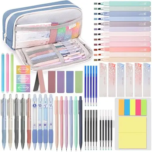 Produktbild: DazSpirit Stationery 61 Stück Schulzubehör mit Mäppchen, 12 Textmarker Pastell, 4 Radierbarer Stifte, 5 Gel Stifte, 6 Druckbleistifte, Back To School Stuff, Office Essentials, Schreibwaren Set (Blau)