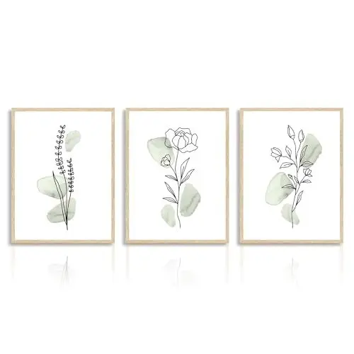 Produktbild: NymphFable Abstrakte Botanische Wandbilder Minimalistische Salbei Grüne Blumen Linie Leinwand Bilder für Schlafzimmer Wohnzimmer Deko 30x40 cm 3er Set Ohne Rahmen