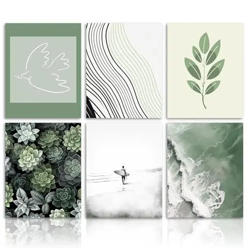 Produktbild: Dazzlewall Abstrakte Minimalistische Wandbilder Salbei Grün Blumen Vogel Strand Leinwand Bilder für Schlafzimmer Wohnzimmer Deko 20x25 cm Ohne Rahmen